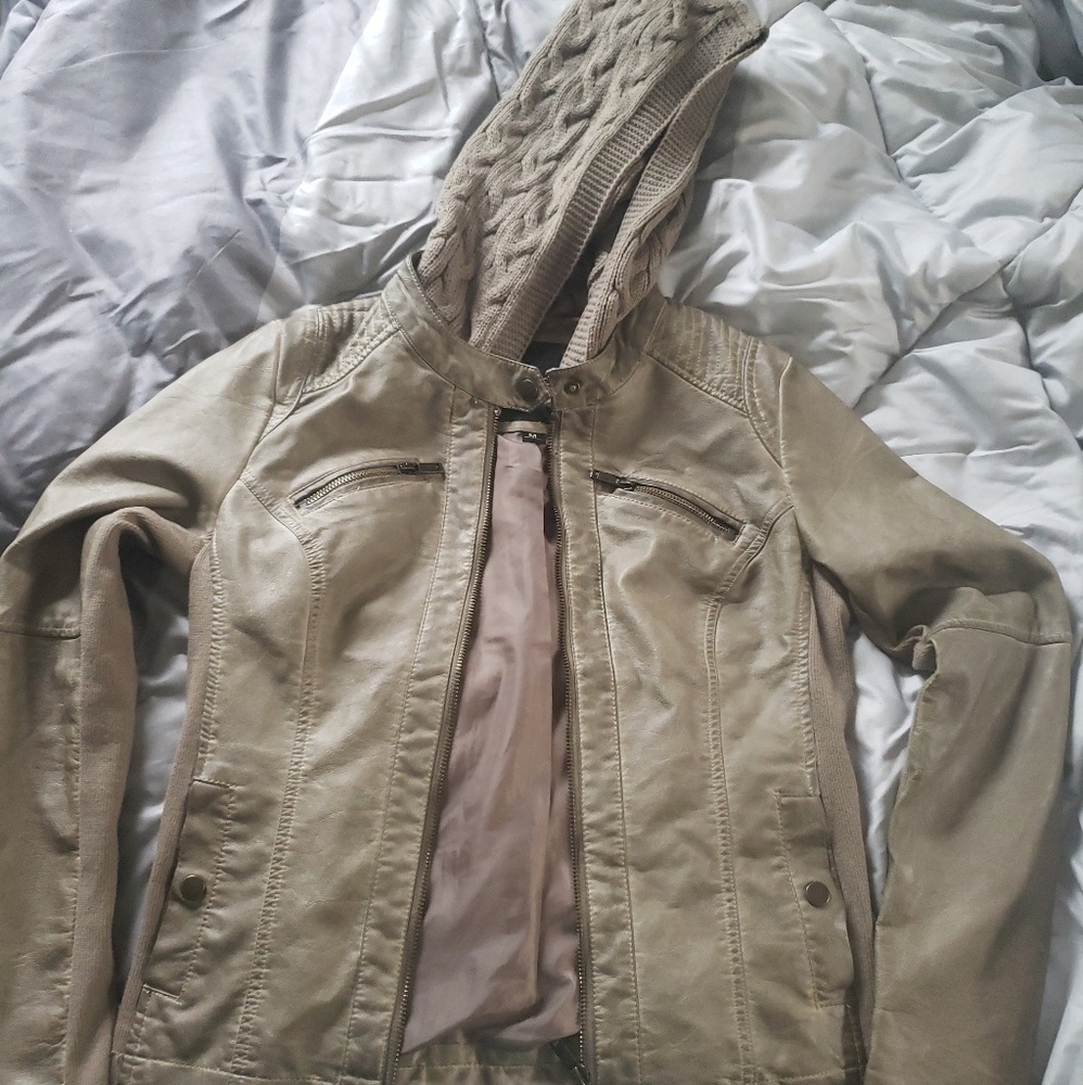 Moto jacket w/ knit hood
